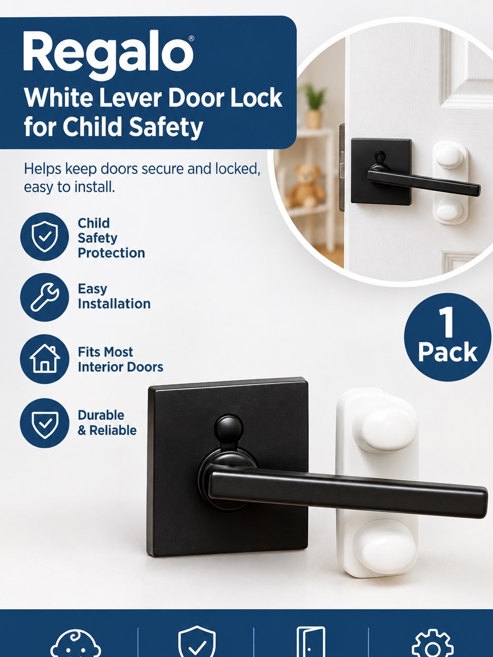 Regalo Black Lever Door Lock for Child Safety - Black